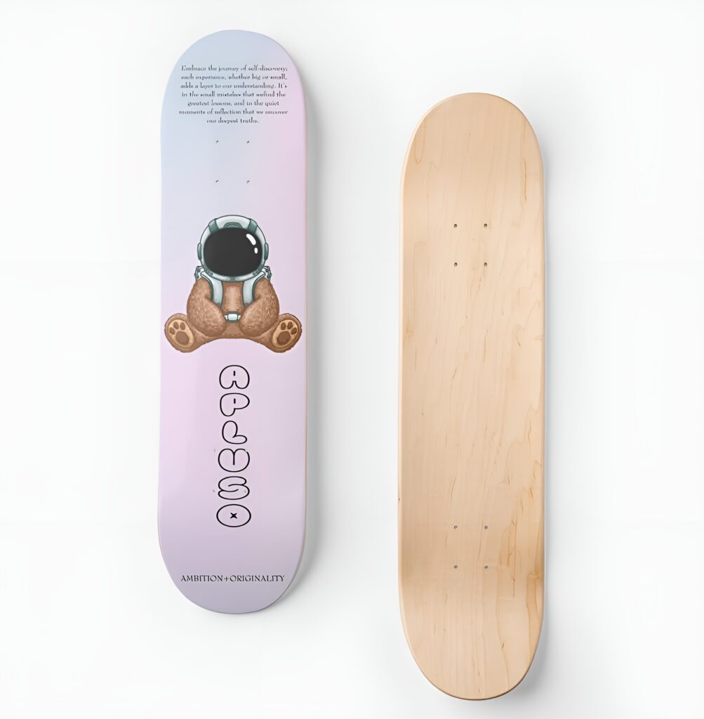 A pastel-toned skateboard featuring a cute astronaut bear illustration and inspirational text is shown beside a plain wooden deck, creating a soft and thoughtful wall decoration for a girl's bedroom.