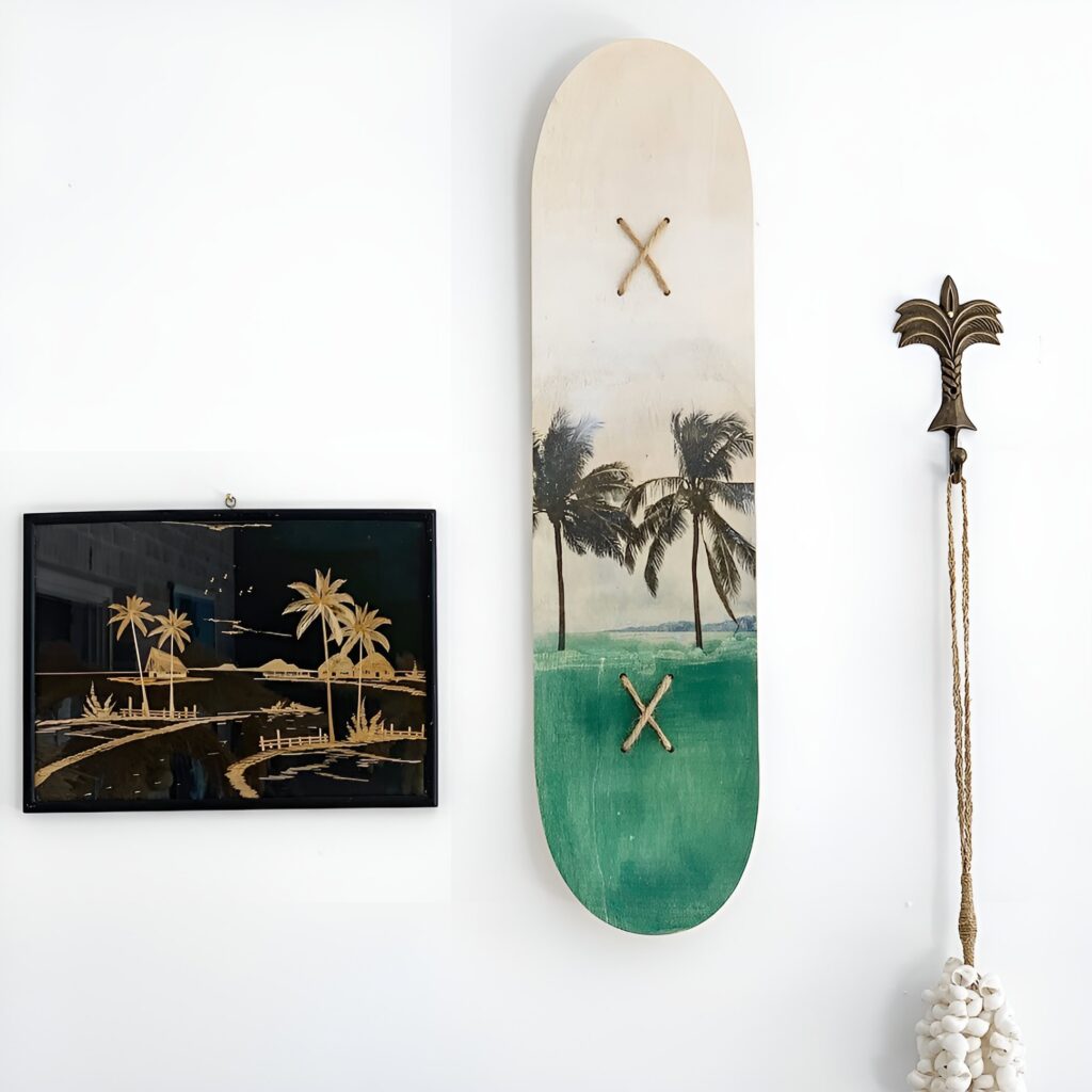 A beachy skateboard wall art arrangement featuring tropical palm tree designs and coastal-themed decorations ideal for a girl's bedroom.