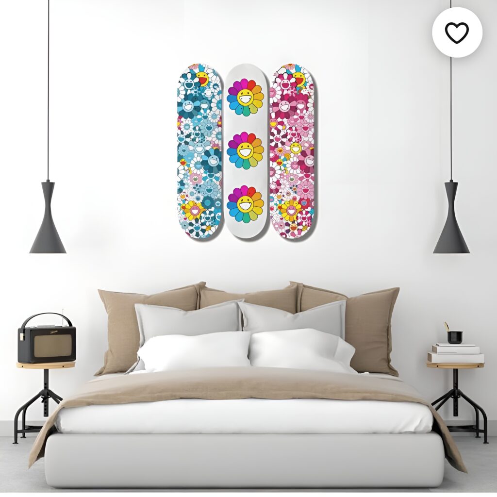 Skateboard wall art above bed featuring colorful floral designs adds a playful and modern touch to a girl's bedroom with neutral decor.