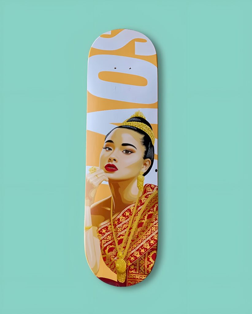 Cool skateboard wall art showcasing a striking portrait of a woman in traditional attire with rich red and gold tones, perfect for adding elegance to a girl's bedroom.
