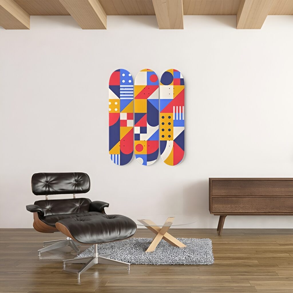 Cool skateboard wall art featuring bold geometric patterns in red, blue, and yellow, creating a vibrant focal point for a stylish bedroom or lounge space.