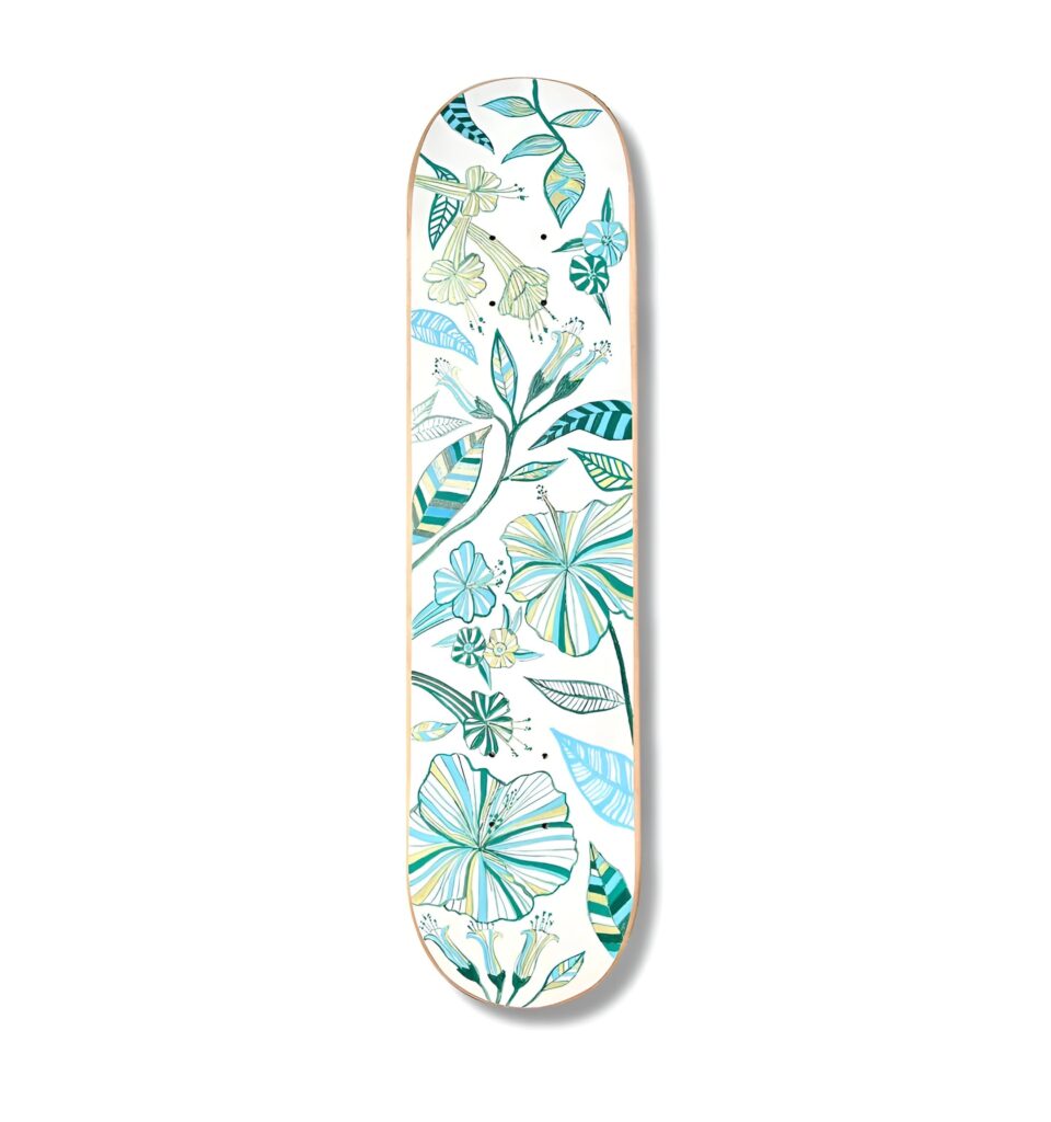 A girls bedroom showcases skateboard wall art with a flower design, featuring blue and green floral patterns that bring a soft, nature-inspired aesthetic to the space.