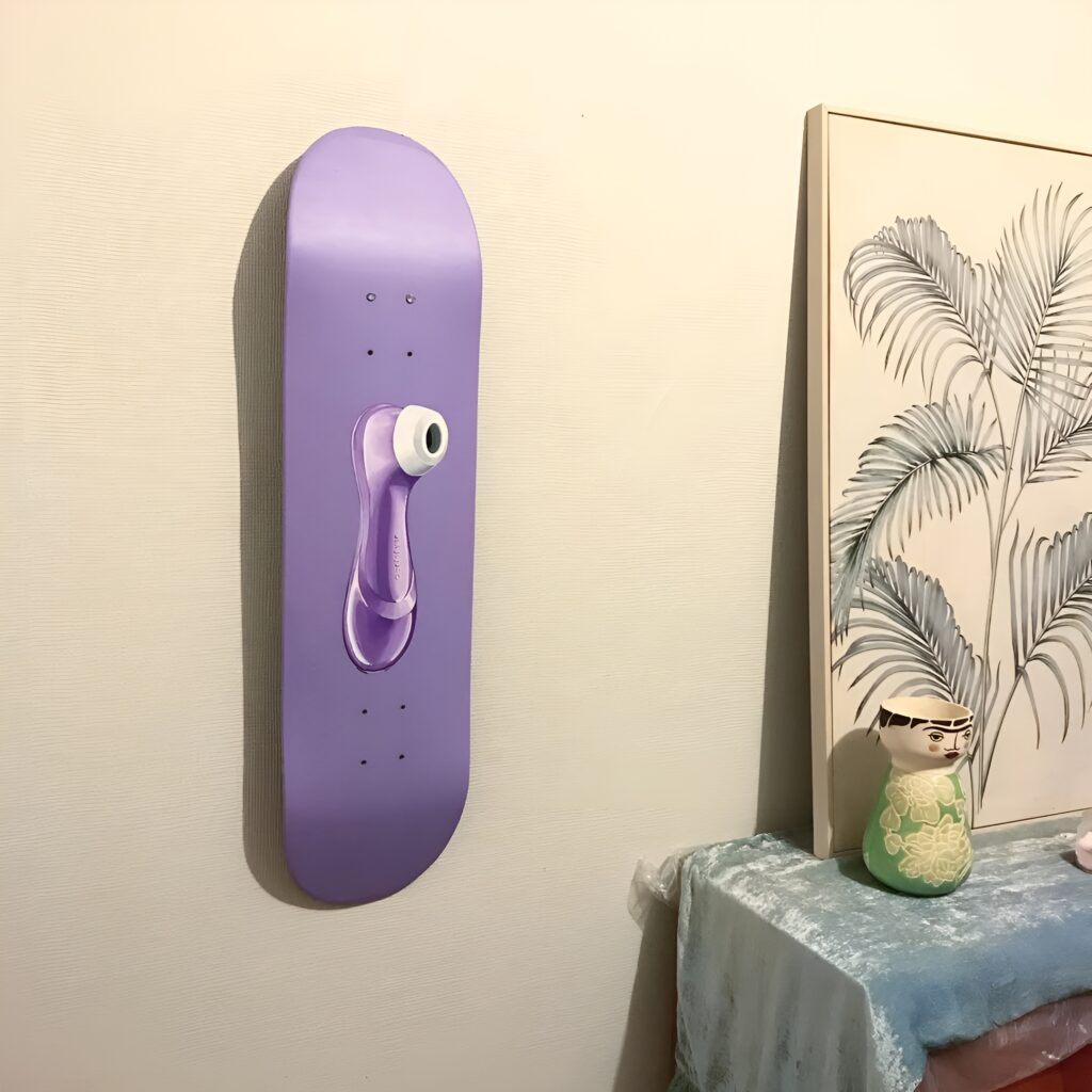 Skateboard wall art girly design in soft lavender with a minimalist aesthetic, displayed above a decorative table and feminine room accents.