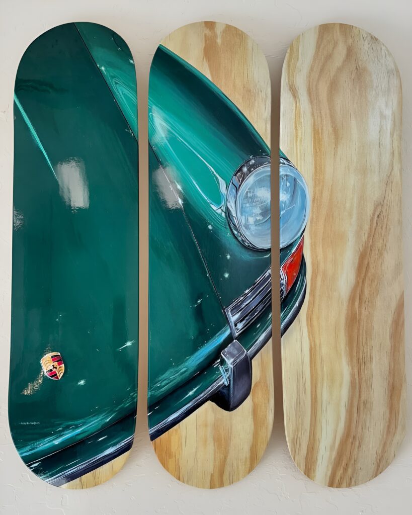 A bold green vintage car is split across three skateboard decks mounted vertically, creating a unique Skateboard Wall Art manic cherry design perfect for a stylish girls bedroom.