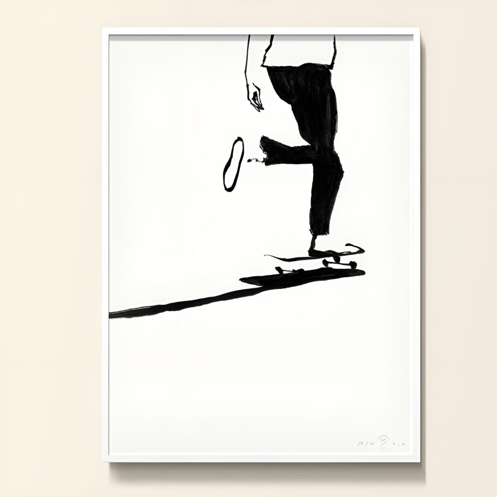 Minimalist black and white illustration of a skateboarder mid-trick with dynamic lines and shadow, perfect for modern Skateboard Wall Art Prints in a girl's bedroom.