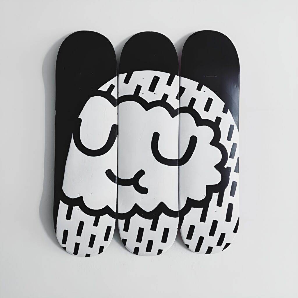 Three black-and-white painted decks form a smiling cloud illustration as part of a creative Skateboard Wall Art DIY display for a girl's bedroom.