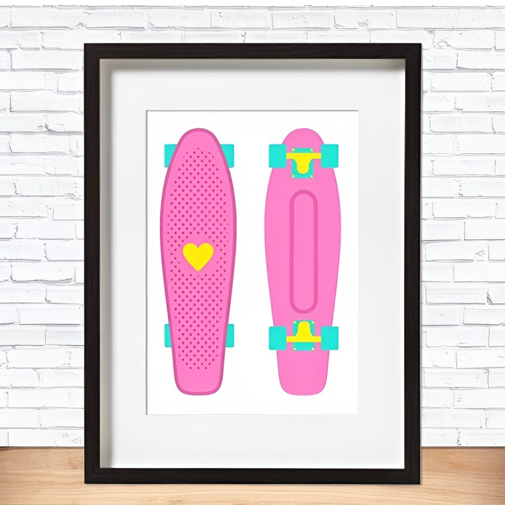 Bright and playful illustration of two pink skateboards with teal wheels and a yellow heart, ideal for colorful Skateboard Wall Art Prints in a girl's bedroom.