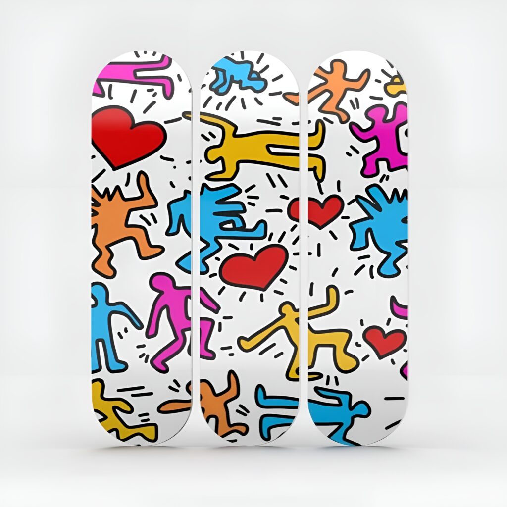 Three skateboards are arranged side by side with a colorful pop art design featuring playful figures and hearts, creating a bold and fun wall decoration for a girl's bedroom.
