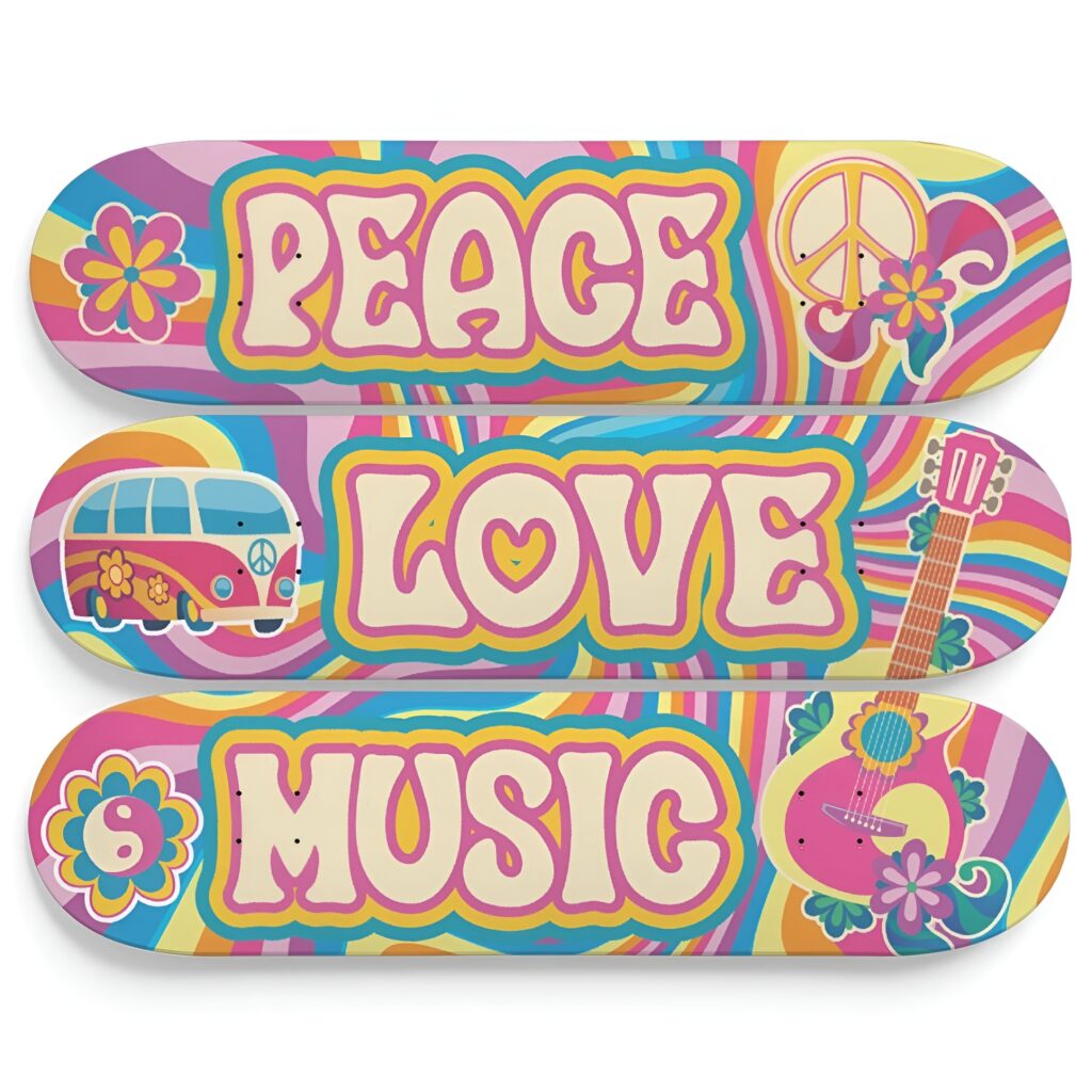 Three skateboards are displayed with colorful, retro-inspired illustrations featuring peace symbols, flowers, and instruments as a cheerful and expressive wall decoration for a girl's bedroom.