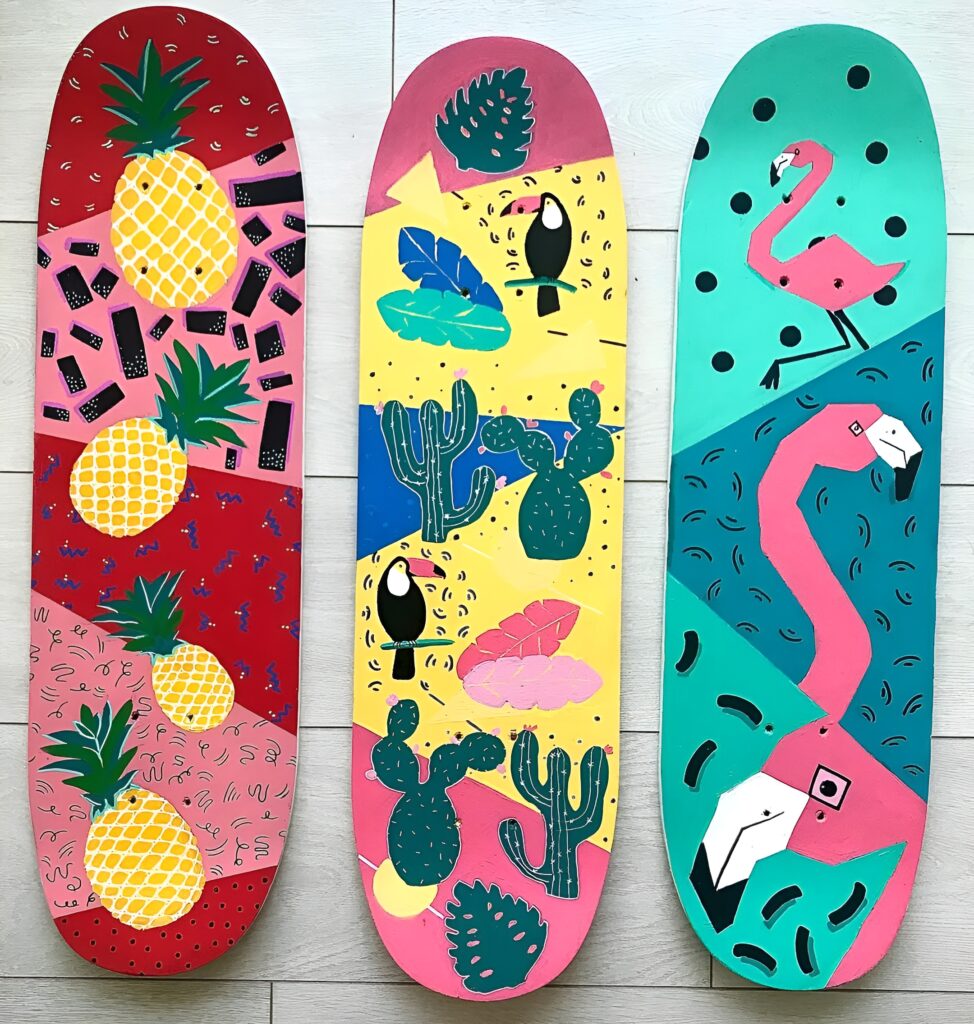 Three skateboard decks painted with tropical fruits, cacti, toucans, and flamingos are arranged side by side as a vibrant and playful Skateboard Wall Art DIY for a girl's bedroom.