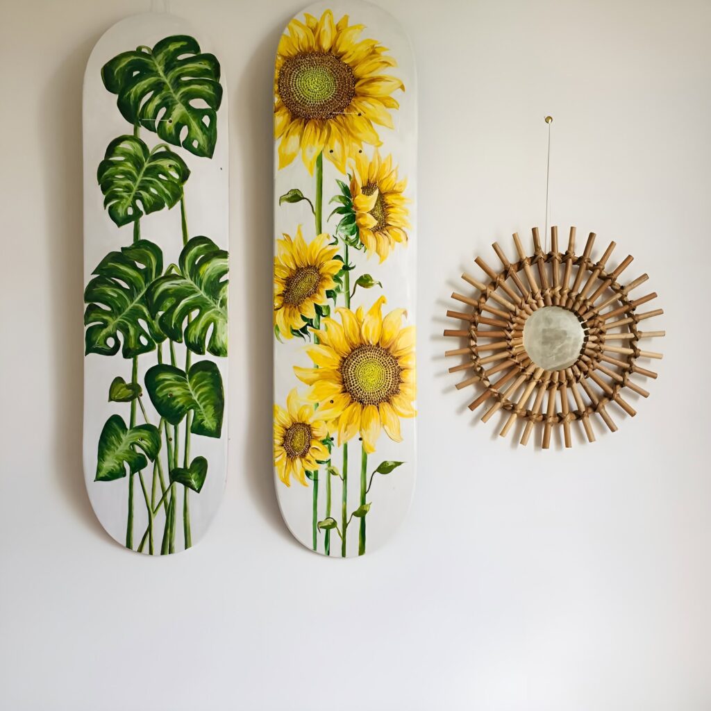 A girls bedroom features skateboard wall art flower design with cheerful yellow and white floral patterns, creating a bright and playful atmosphere.