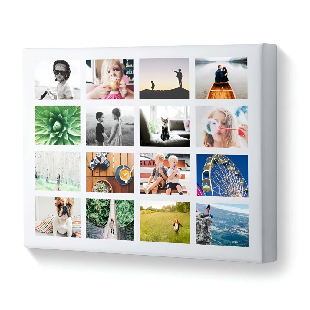 Canvas photo collage featuring a grid of colorful images including family moments, pets, nature scenes, and travel adventures.
