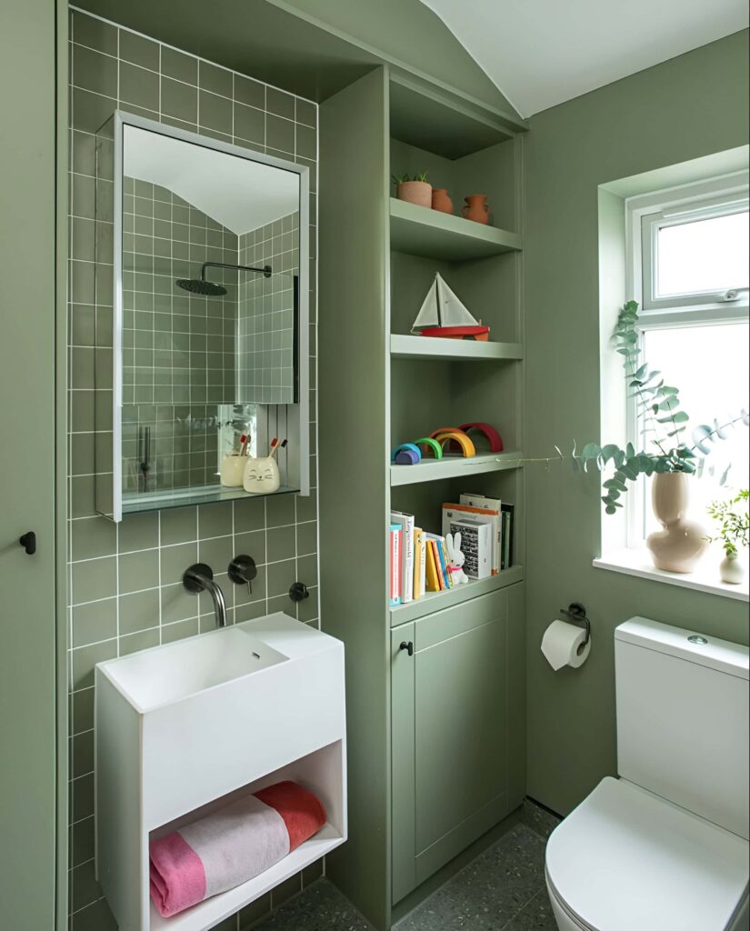 Playful kids' bathroom design with green built-in shelving, a compact sink, and colorful toy accents.