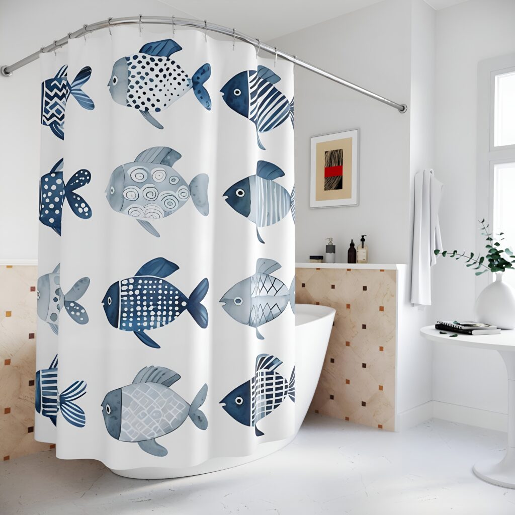 A bright bathroom design featuring a white bathtub with a playful blue fish-patterned shower curtain, complemented by beige tile accents and minimalistic decor.