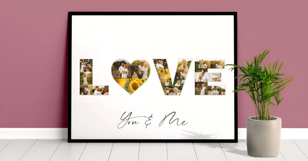 A romantic photo collage in letters featuring couple and nature photos arranged inside the word "LOVE," with a heart-shaped "O" and a minimalist frame design.