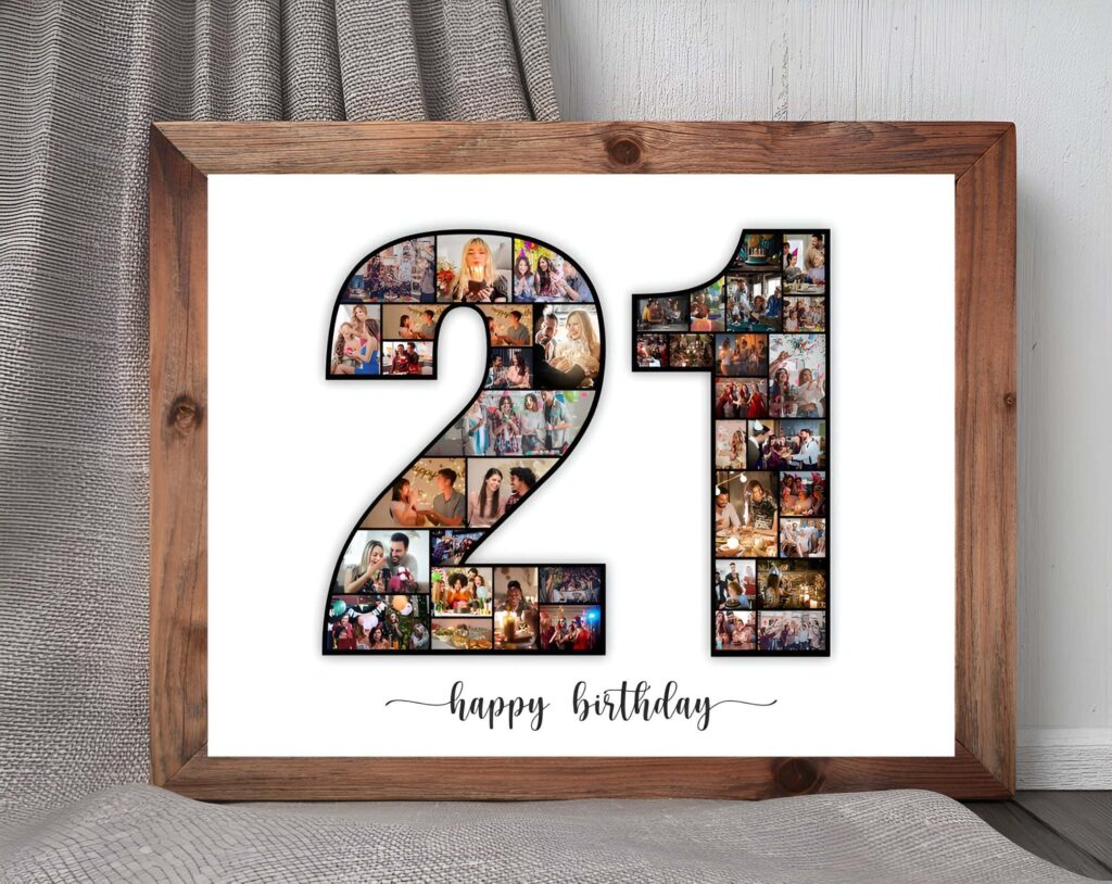 A vibrant photo collage in numbers showing joyful birthday and celebration memories arranged inside the number twenty-one within a rustic wooden frame.