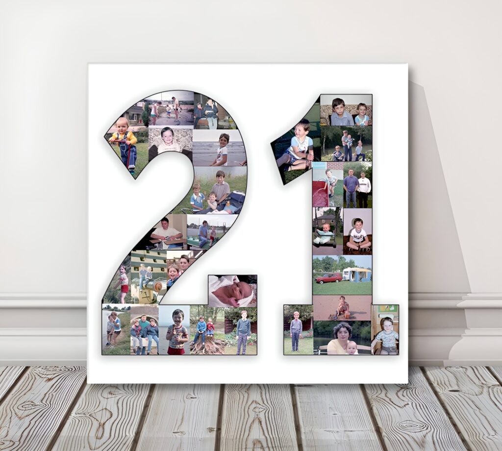 A custom photo collage in numbers featuring childhood and family pictures arranged inside the shape of the number twenty-one on a white canvas background.