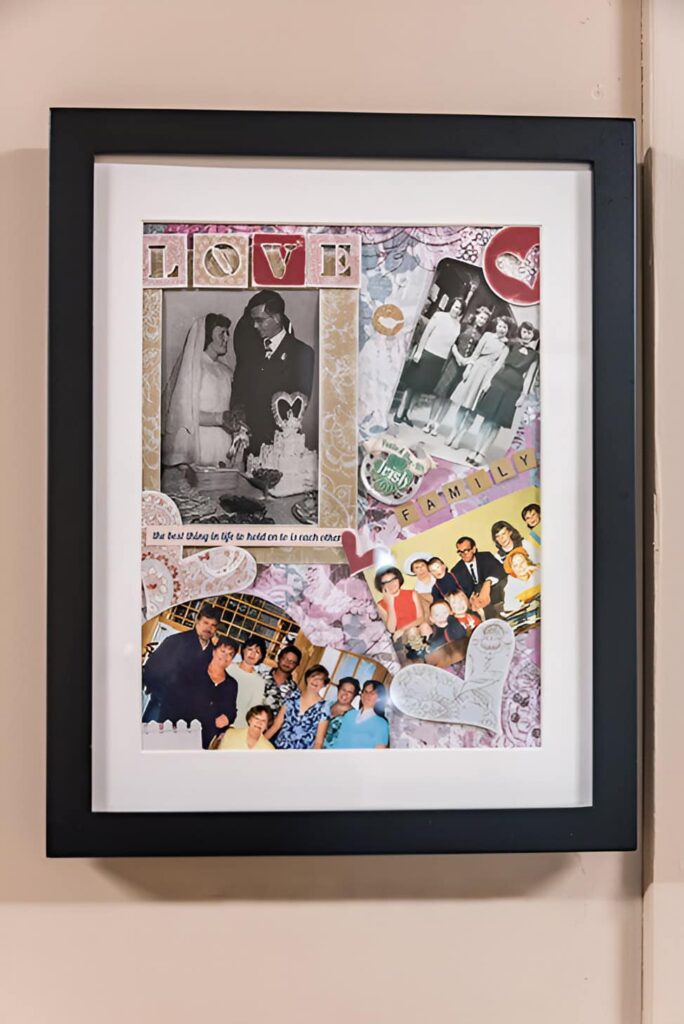 Scrapbook frame collage showcasing vintage and modern family photographs arranged with colorful patterned paper and heart embellishments.