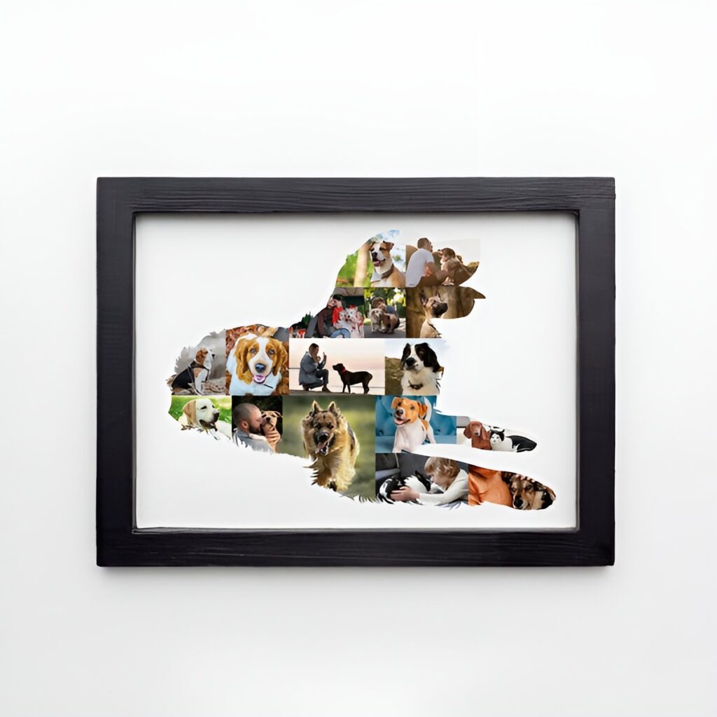 A silhouette-shaped collage filled with various photos of dogs and people interacting, framed in a simple black frame against a white background.