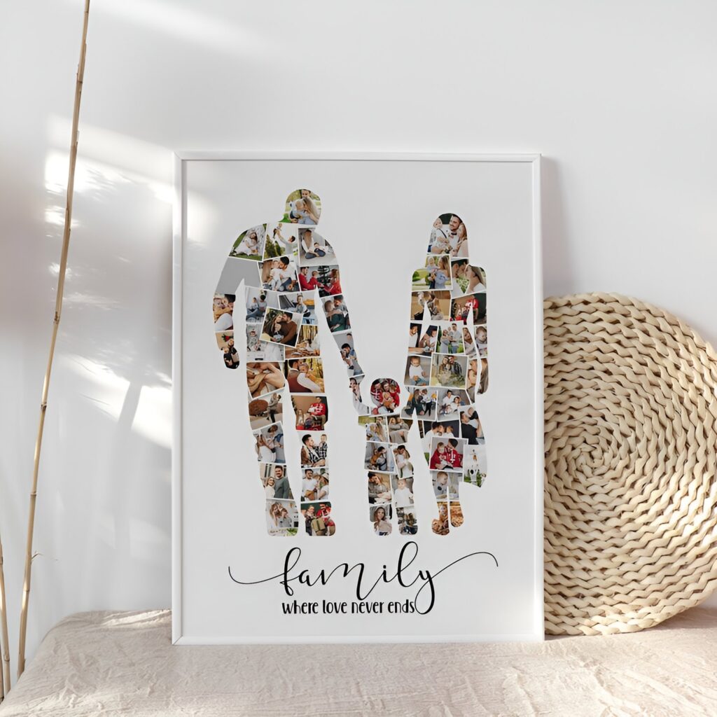 A silhouette-shaped collage of a family holding hands, made up of multiple small photos arranged inside the shapes, displayed in a white frame on a textured surface.