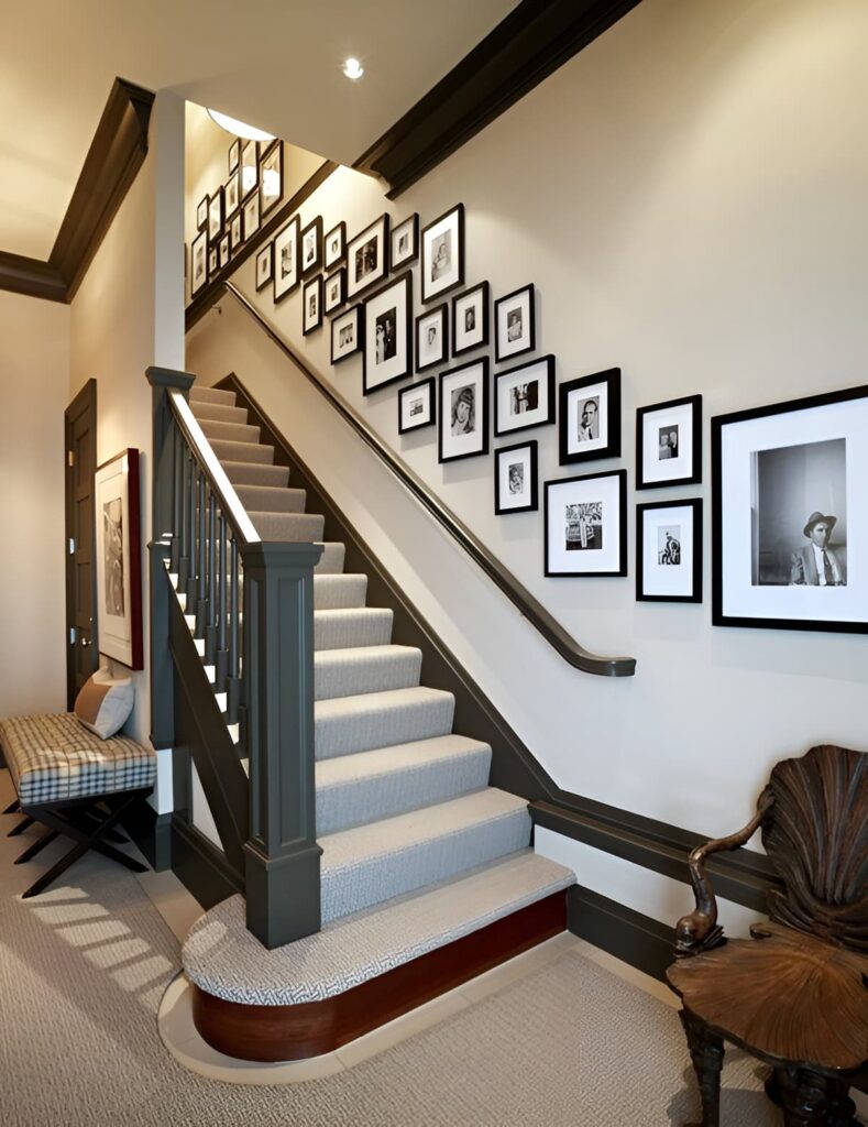 A stylish staircase memory wall featuring a curated collage of black and white framed photos arranged diagonally along the stairway.