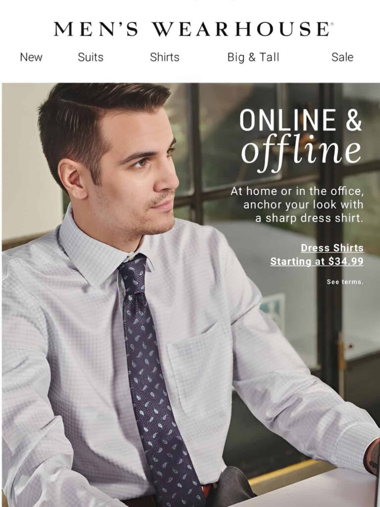 Man wearing a patterned tie and dress shirt featured in an email marketing archive for e-commerce.